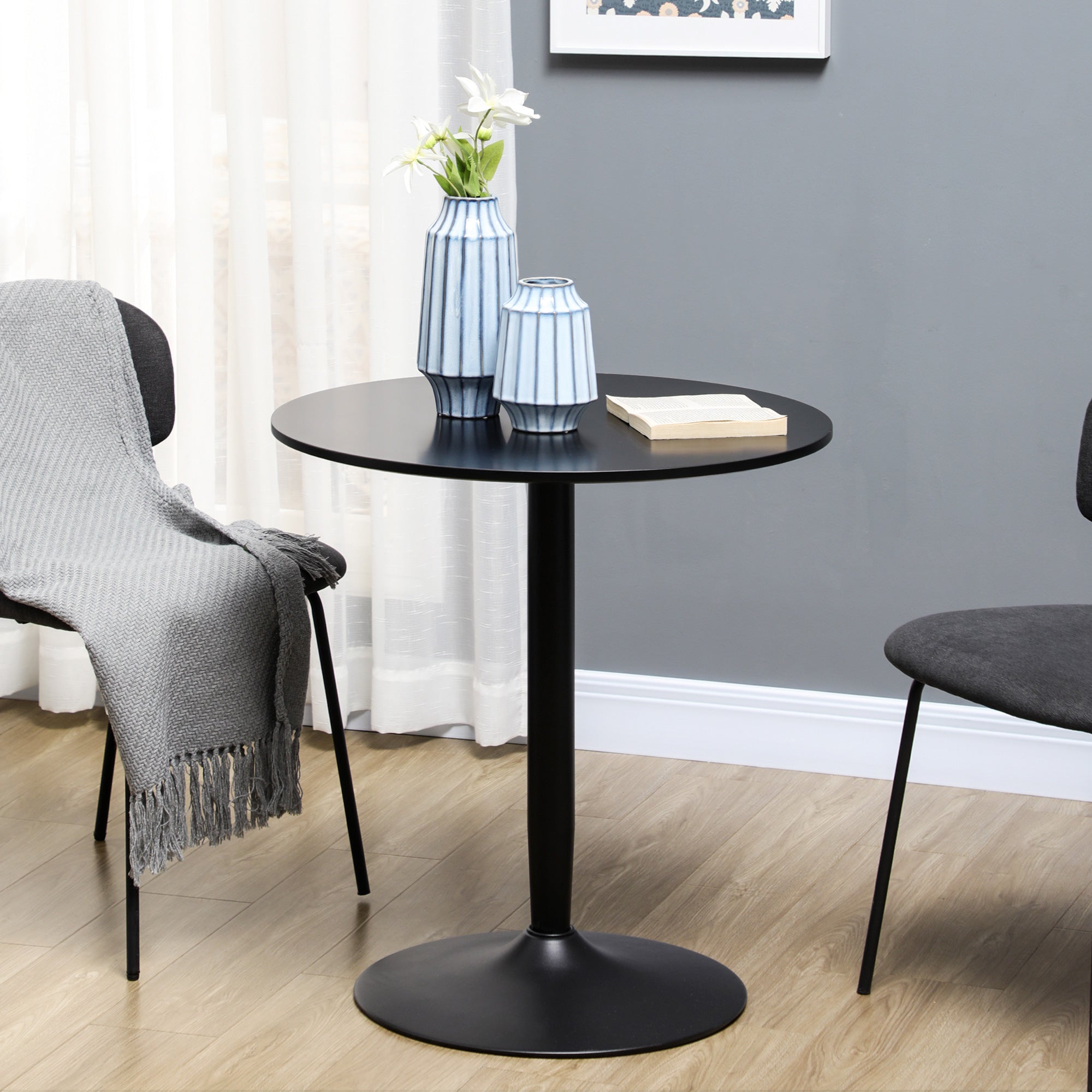 Dining Table, Round Kitchen Table, Modern Dining Table for 2 People, Bar Table Column Table with Steel Leg, Non-Slip Footrest, Coffee Table for Living Room, Ø70 x 75 cm, Black