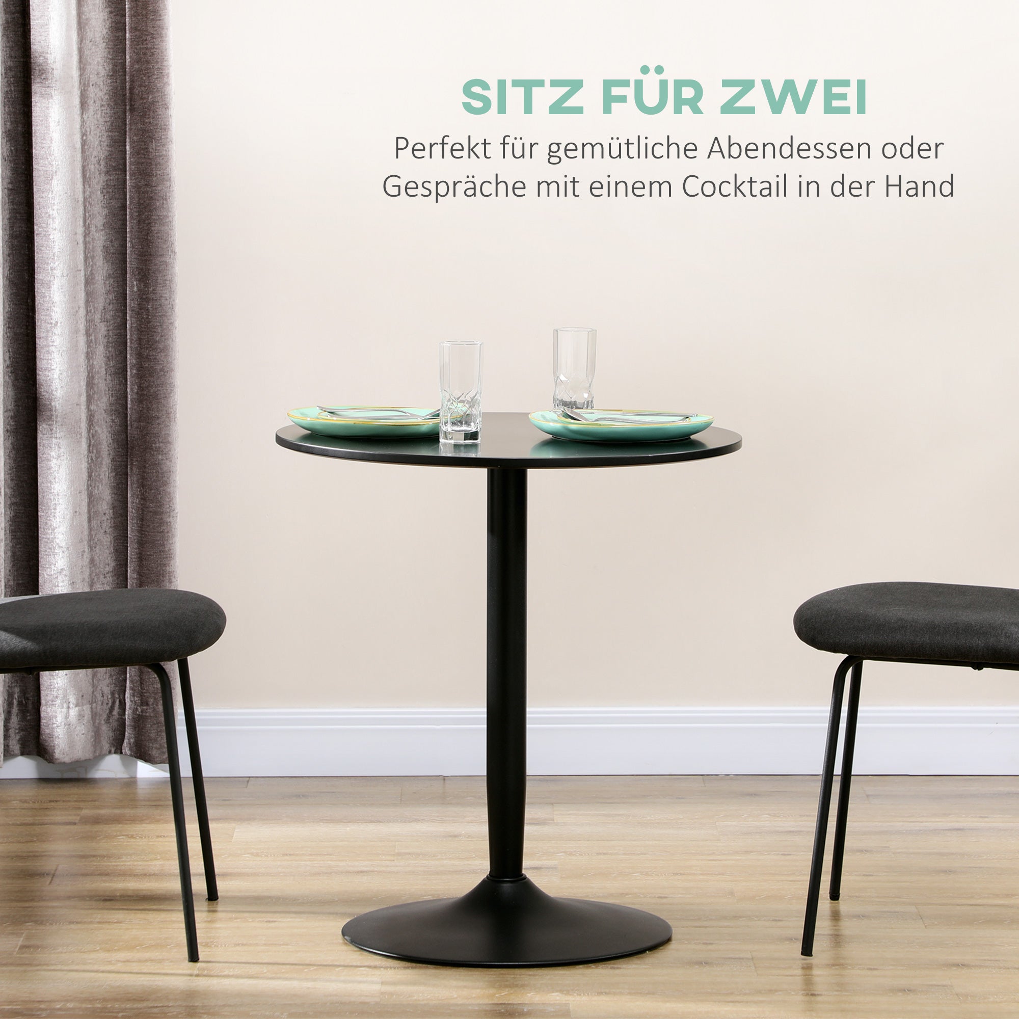 Dining Table, Round Kitchen Table, Modern Dining Table for 2 People, Bar Table Column Table with Steel Leg, Non-Slip Footrest, Coffee Table for Living Room, Ø70 x 75 cm, Black