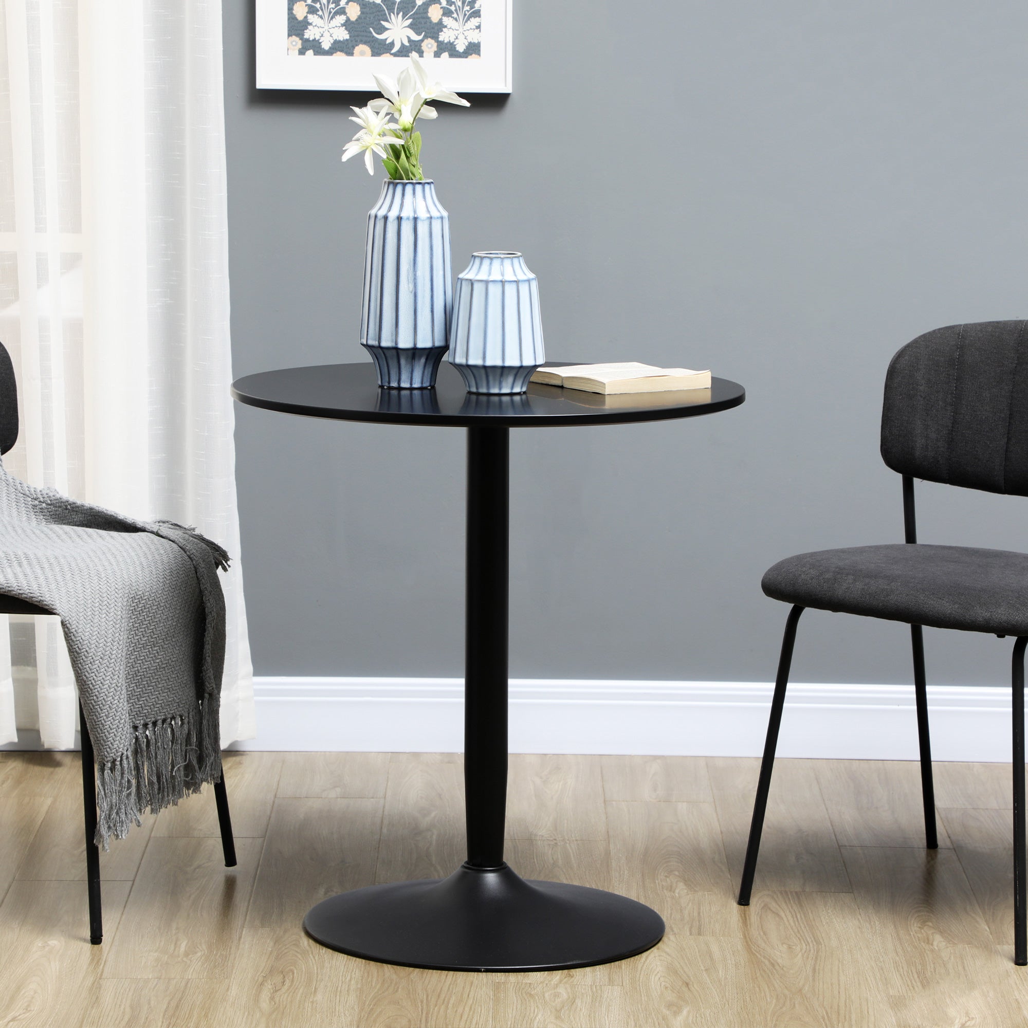 Dining Table, Round Kitchen Table, Modern Dining Table for 2 People, Bar Table Column Table with Steel Leg, Non-Slip Footrest, Coffee Table for Living Room, Ø70 x 75 cm, Black