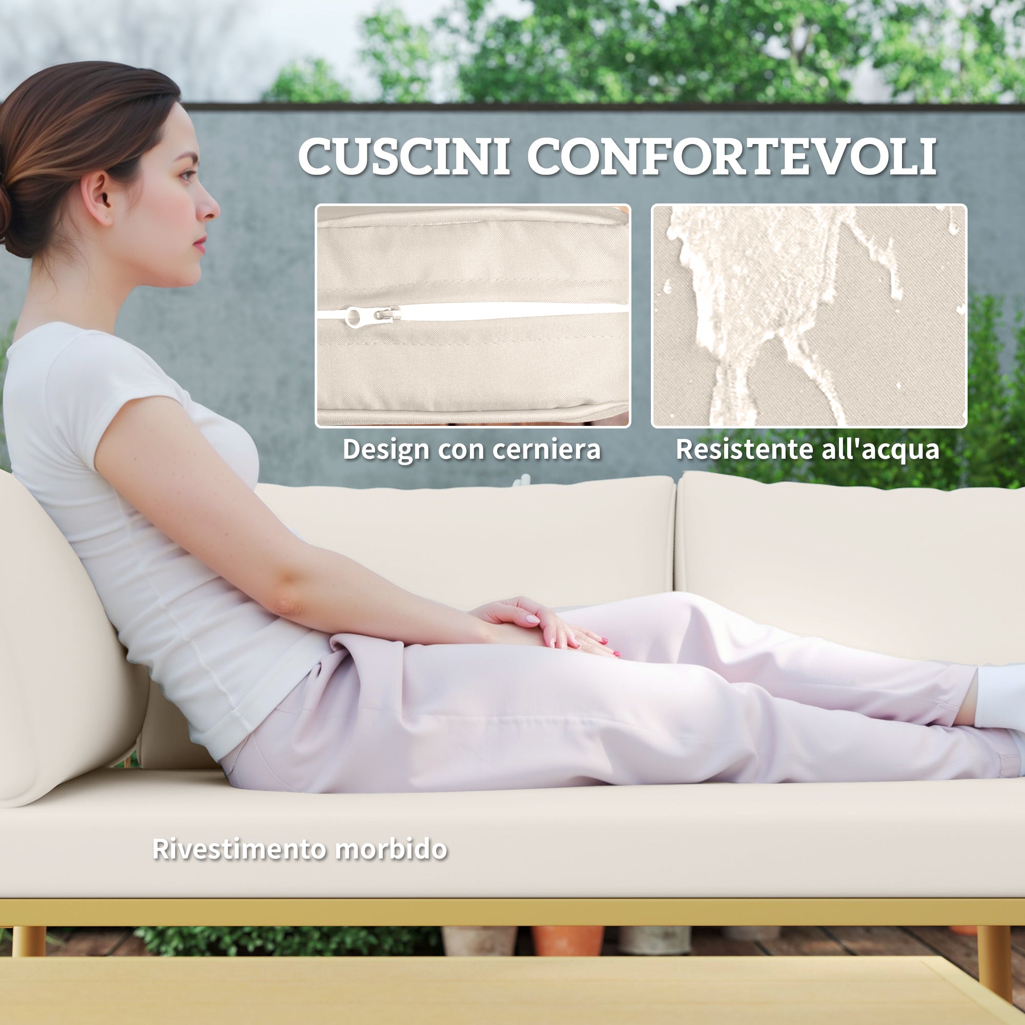 4-Piece Rattan Garden Furniture Set, Outdoor Lounge with 2 Two-Seater Sofas, 2 Coffee Tables and Washable Cushions, Steel Frame, UV-Resistant, Natural and Cream