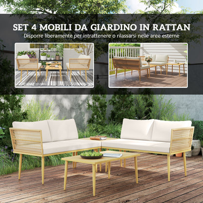 4-Piece Rattan Garden Furniture Set, Outdoor Lounge with 2 Two-Seater Sofas, 2 Coffee Tables and Washable Cushions, Steel Frame, UV-Resistant, Natural and Cream