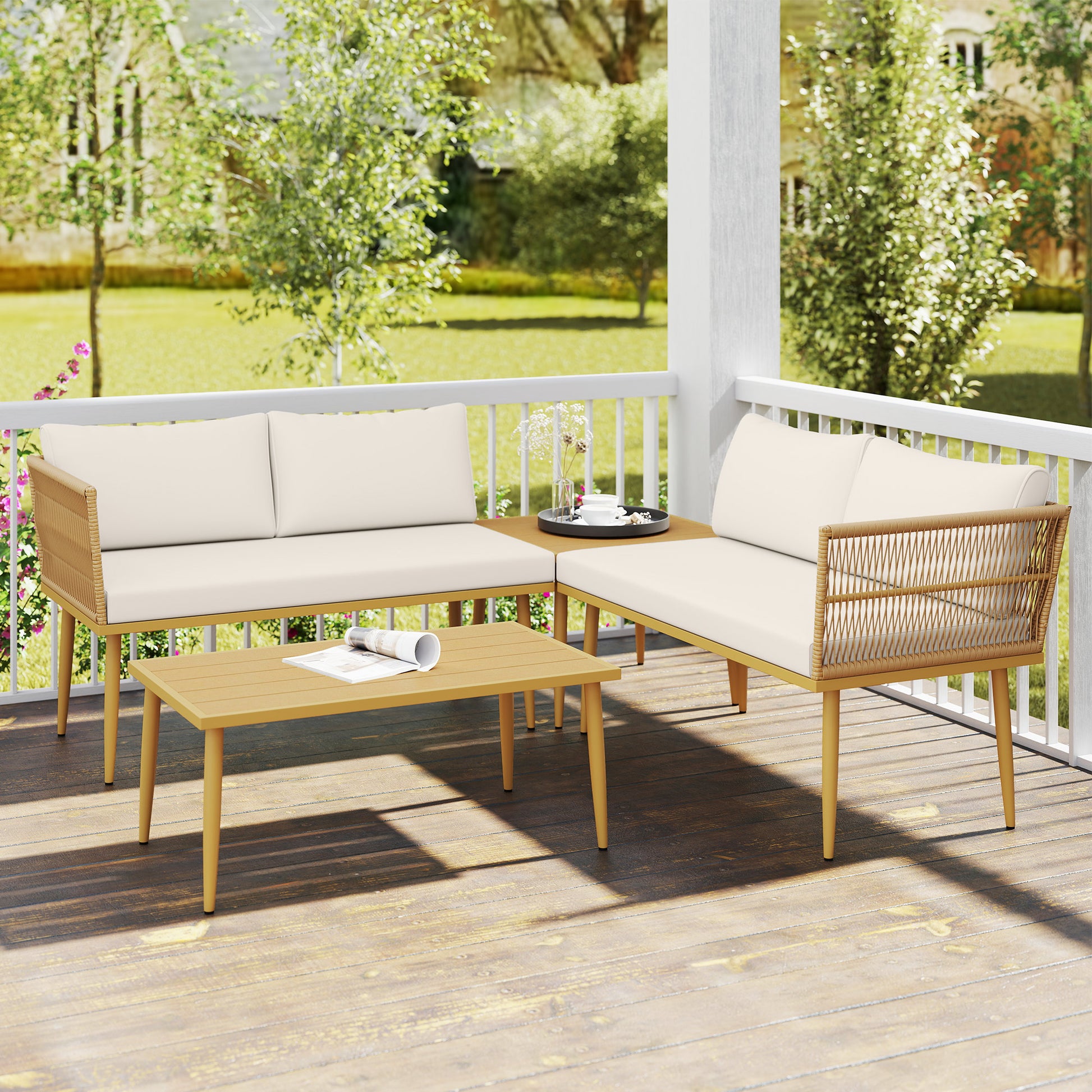 4-Piece Rattan Garden Furniture Set, Outdoor Lounge with 2 Two-Seater Sofas, 2 Coffee Tables and Washable Cushions, Steel Frame, UV-Resistant, Natural and Cream