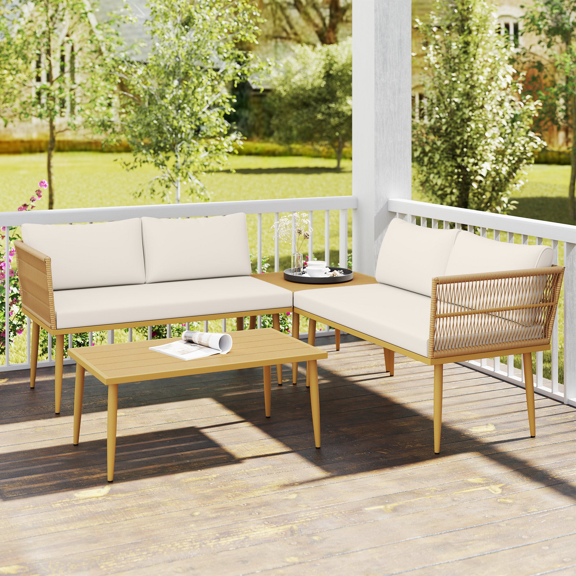 4-Piece Rattan Garden Furniture Set, Outdoor Lounge with 2 Two-Seater Sofas, 2 Coffee Tables and Washable Cushions, Steel Frame, UV-Resistant, Natural and Cream