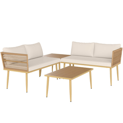4-Piece Rattan Garden Furniture Set, Outdoor Lounge with 2 Two-Seater Sofas, 2 Coffee Tables and Washable Cushions, Steel Frame, UV-Resistant, Natural and Cream