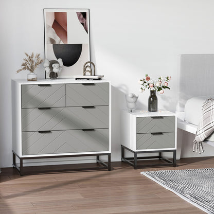Bedside Table Side Table with 2 Drawers and Metal Elevated Base for Bedroom Living Room Modern and Minimalist Style 39.5x40x48 cm White and Gray