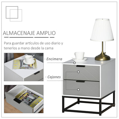 Bedside Table Side Table with 2 Drawers and Metal Elevated Base for Bedroom Living Room Modern and Minimalist Style 39.5x40x48 cm White and Gray