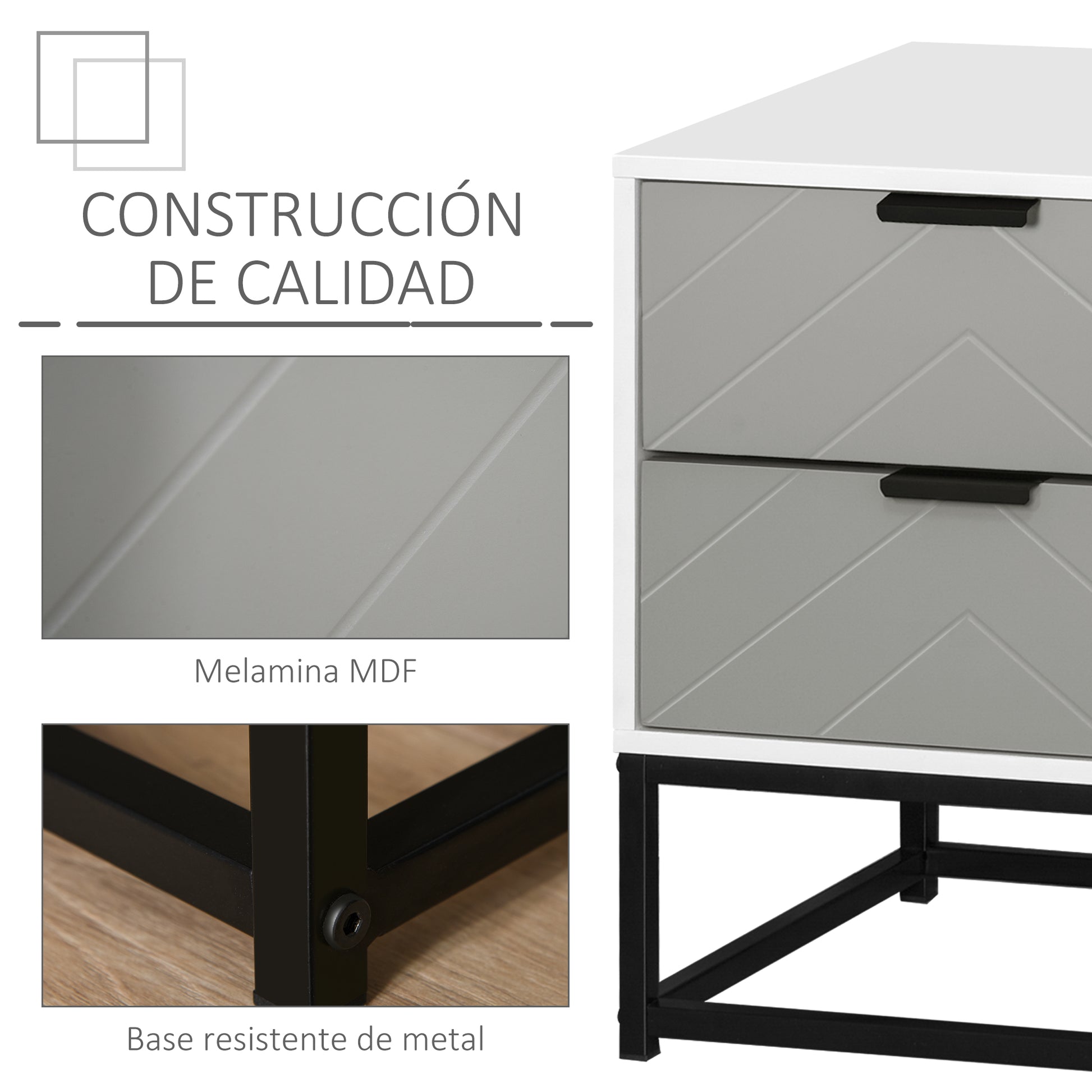 Bedside Table Side Table with 2 Drawers and Metal Elevated Base for Bedroom Living Room Modern and Minimalist Style 39.5x40x48 cm White and Gray