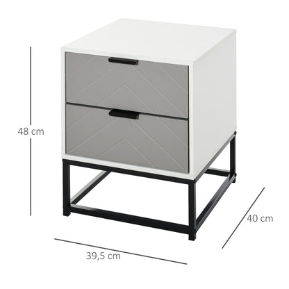 Bedside Table Side Table with 2 Drawers and Metal Elevated Base for Bedroom Living Room Modern and Minimalist Style 39.5x40x48 cm White and Gray