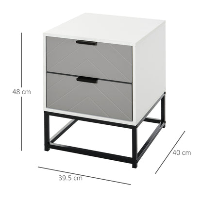 Bedside Table Side Table with 2 Drawers and Metal Elevated Base for Bedroom Living Room Modern and Minimalist Style 39.5x40x48 cm White and Gray