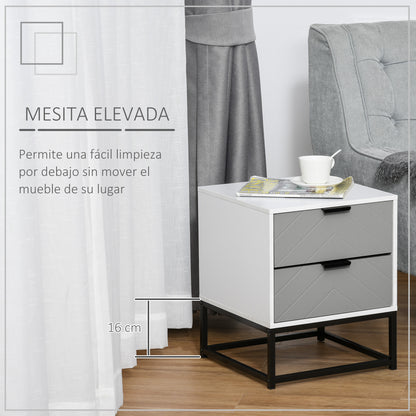 Bedside Table Side Table with 2 Drawers and Metal Elevated Base for Bedroom Living Room Modern and Minimalist Style 39.5x40x48 cm White and Gray