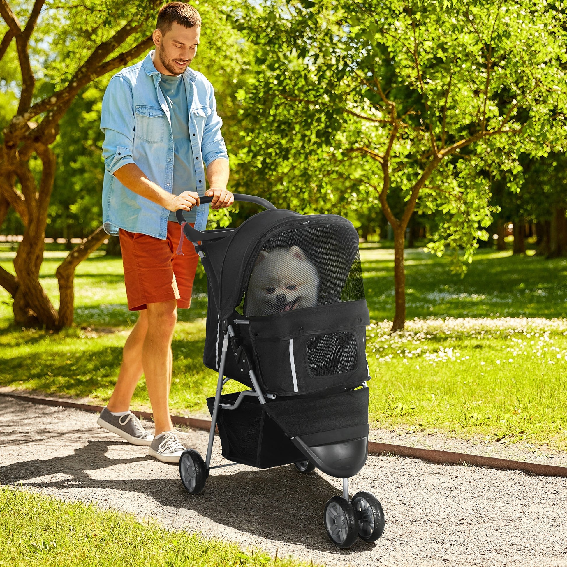 Foldable Dog Stroller Pet Stroller for Small Dogs with Storage Basket Mesh Windows and 2 Universal Wheels Load 15 kg 75x45x97 cm Black