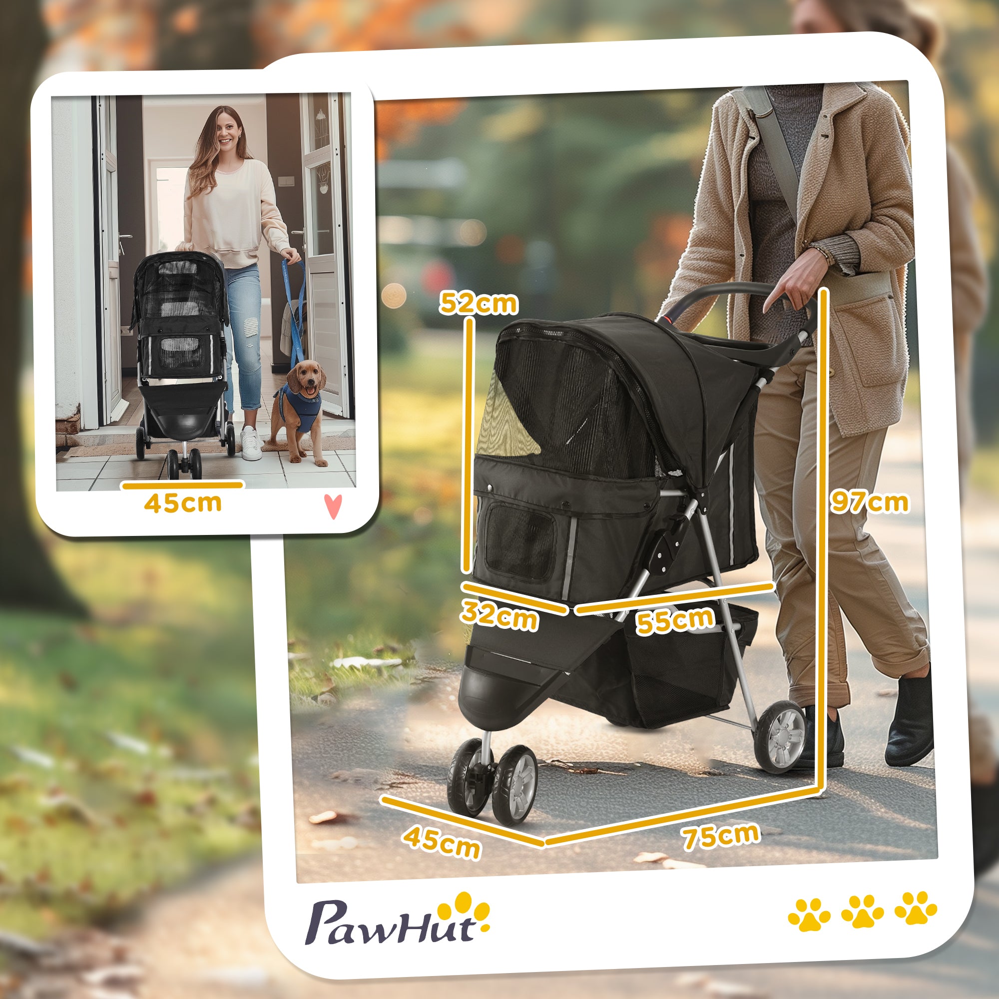 Foldable Dog Stroller Pet Stroller for Small Dogs with Storage Basket Mesh Windows and 2 Universal Wheels Load 15 kg 75x45x97 cm Black