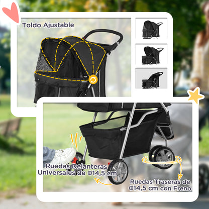 Foldable Dog Stroller Pet Stroller for Small Dogs with Storage Basket Mesh Windows and 2 Universal Wheels Load 15 kg 75x45x97 cm Black