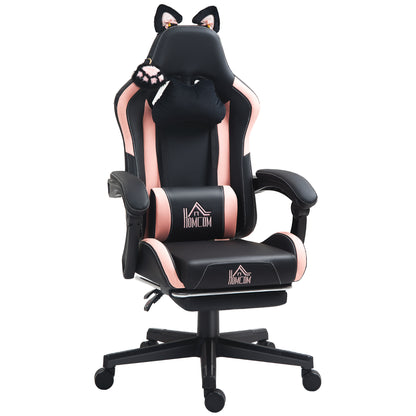 Gaming Chair with Cat Ear Design Reclining Gamer Chair with Adjustable Height Retractable Footrest Lumbar Support and Detachable Headrest Chair for Office Study Black