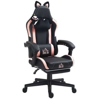 Gaming Chair with Cat Ear Design Reclining Gamer Chair with Adjustable Height Retractable Footrest Lumbar Support and Detachable Headrest Chair for Office Study Black