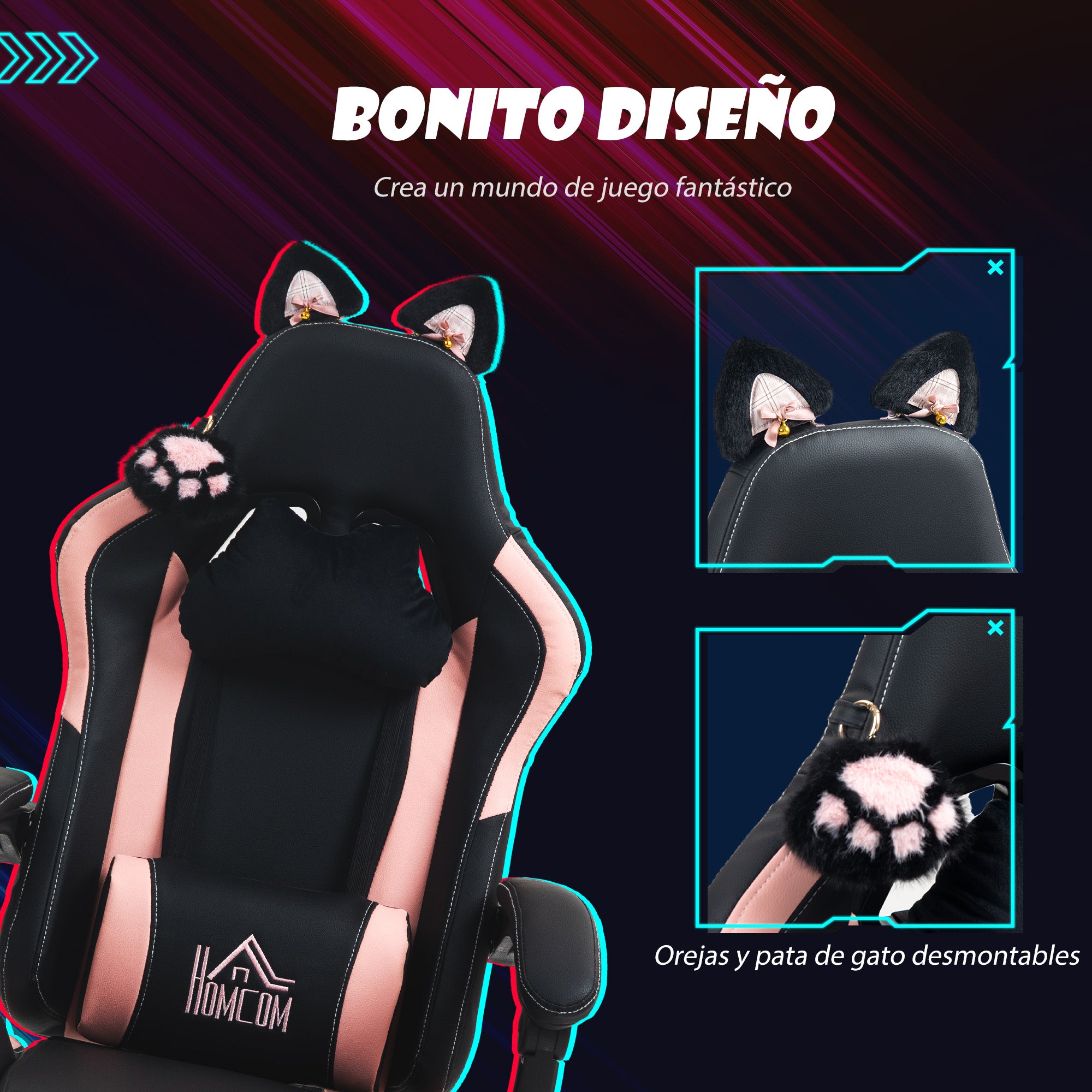 Gaming Chair with Cat Ear Design Reclining Gamer Chair with Adjustable Height Retractable Footrest Lumbar Support and Detachable Headrest Chair for Office Study Black