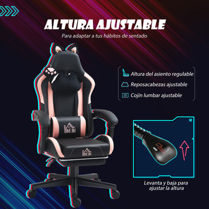 Gaming Chair with Cat Ear Design Reclining Gamer Chair with Adjustable Height Retractable Footrest Lumbar Support and Detachable Headrest Chair for Office Study Black