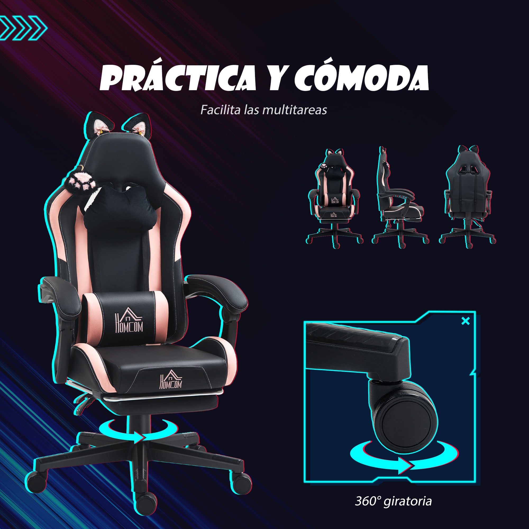 Gaming Chair with Cat Ear Design Reclining Gamer Chair with Adjustable Height Retractable Footrest Lumbar Support and Detachable Headrest Chair for Office Study Black