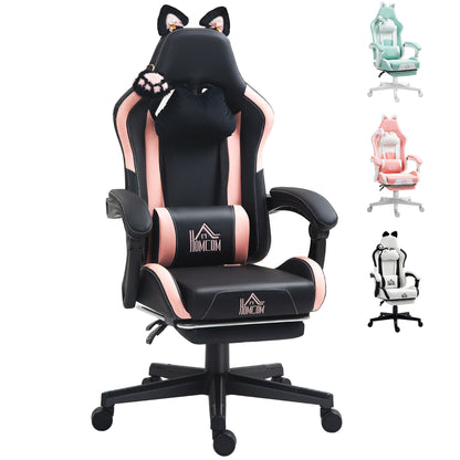 Gaming Chair with Cat Ear Design Reclining Gamer Chair with Adjustable Height Retractable Footrest Lumbar Support and Detachable Headrest Chair for Office Study Black