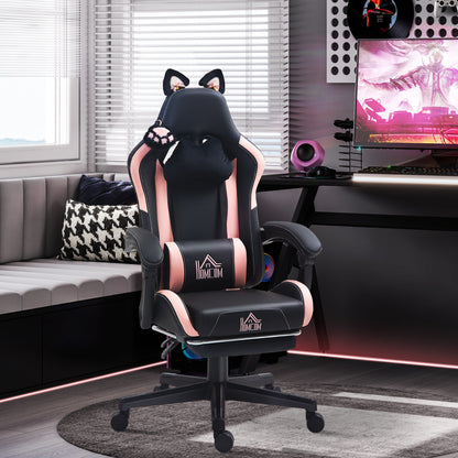 Gaming Chair with Cat Ear Design Reclining Gamer Chair with Adjustable Height Retractable Footrest Lumbar Support and Detachable Headrest Chair for Office Study Black
