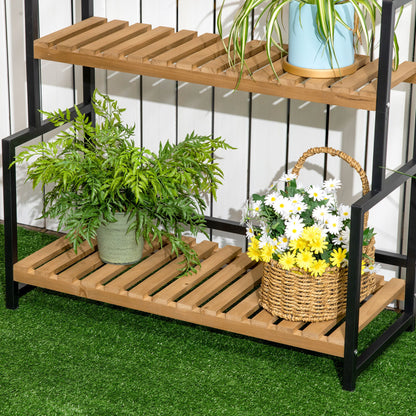 3-Tier Plant Stand Flower Ladder made of Metal and Solid Wood Plant Shelf with Mounting Hooks for the Garden Black+Natural