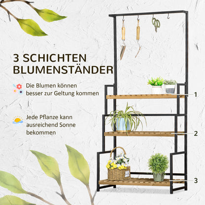 3-Tier Plant Stand Flower Ladder made of Metal and Solid Wood Plant Shelf with Mounting Hooks for the Garden Black+Natural