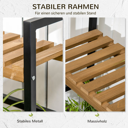 3-Tier Plant Stand Flower Ladder made of Metal and Solid Wood Plant Shelf with Mounting Hooks for the Garden Black+Natural