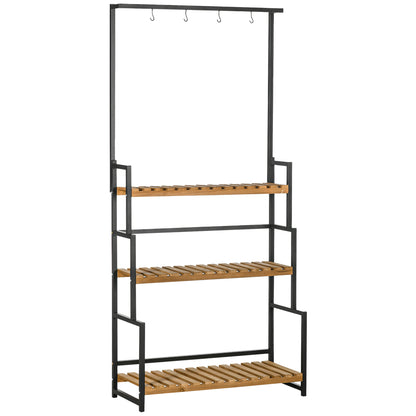 3-Tier Plant Stand Flower Ladder made of Metal and Solid Wood Plant Shelf with Mounting Hooks for the Garden Black+Natural