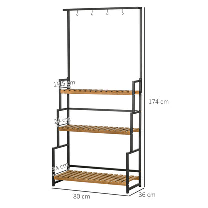 3-Tier Plant Stand Flower Ladder made of Metal and Solid Wood Plant Shelf with Mounting Hooks for the Garden Black+Natural