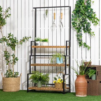 3-Tier Plant Stand Flower Ladder made of Metal and Solid Wood Plant Shelf with Mounting Hooks for the Garden Black+Natural