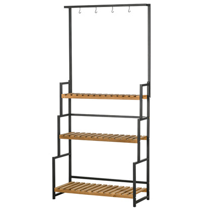 3-Tier Plant Stand Flower Ladder made of Metal and Solid Wood Plant Shelf with Mounting Hooks for the Garden Black+Natural