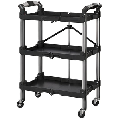 Workshop Trolley with 3 Shelves, Folding Tool Cart with Handle, Assembly Cart for Warehouse, Garage, up to 68 kg Load Capacity, Black