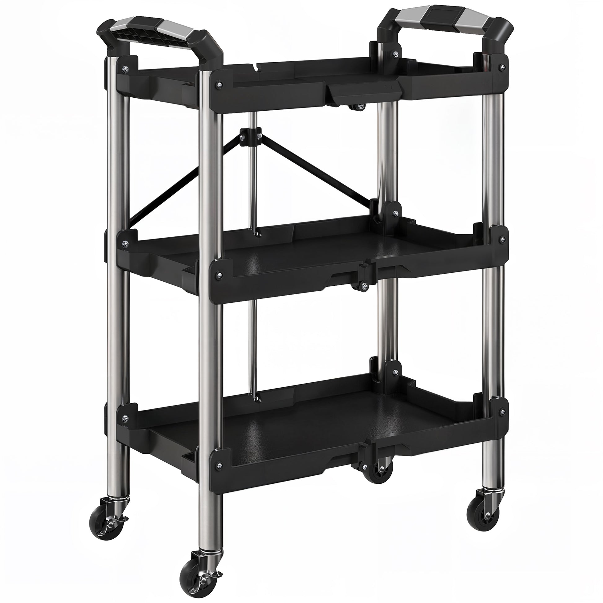 Workshop Trolley with 3 Shelves, Folding Tool Cart with Handle, Assembly Cart for Warehouse, Garage, up to 68 kg Load Capacity, Black