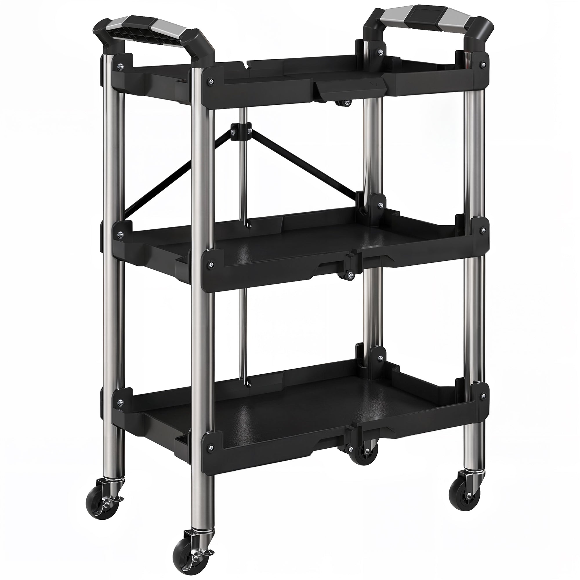Workshop Trolley with 3 Shelves, Folding Tool Cart with Handle, Assembly Cart for Warehouse, Garage, up to 68 kg Load Capacity, Black