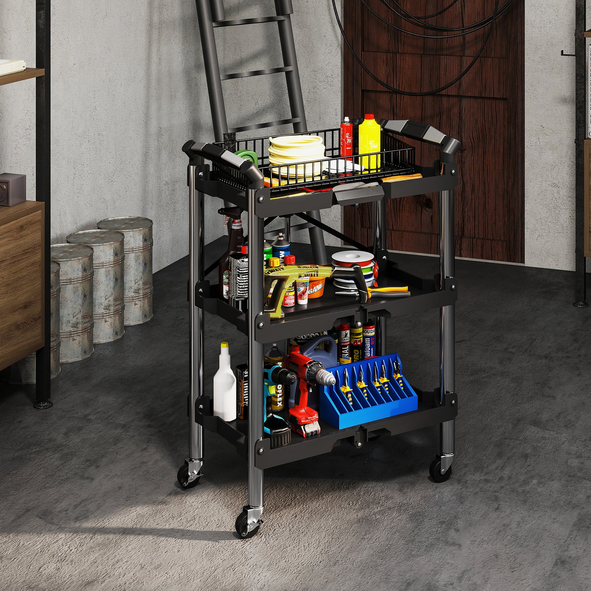 Workshop Trolley with 3 Shelves, Folding Tool Cart with Handle, Assembly Cart for Warehouse, Garage, up to 68 kg Load Capacity, Black