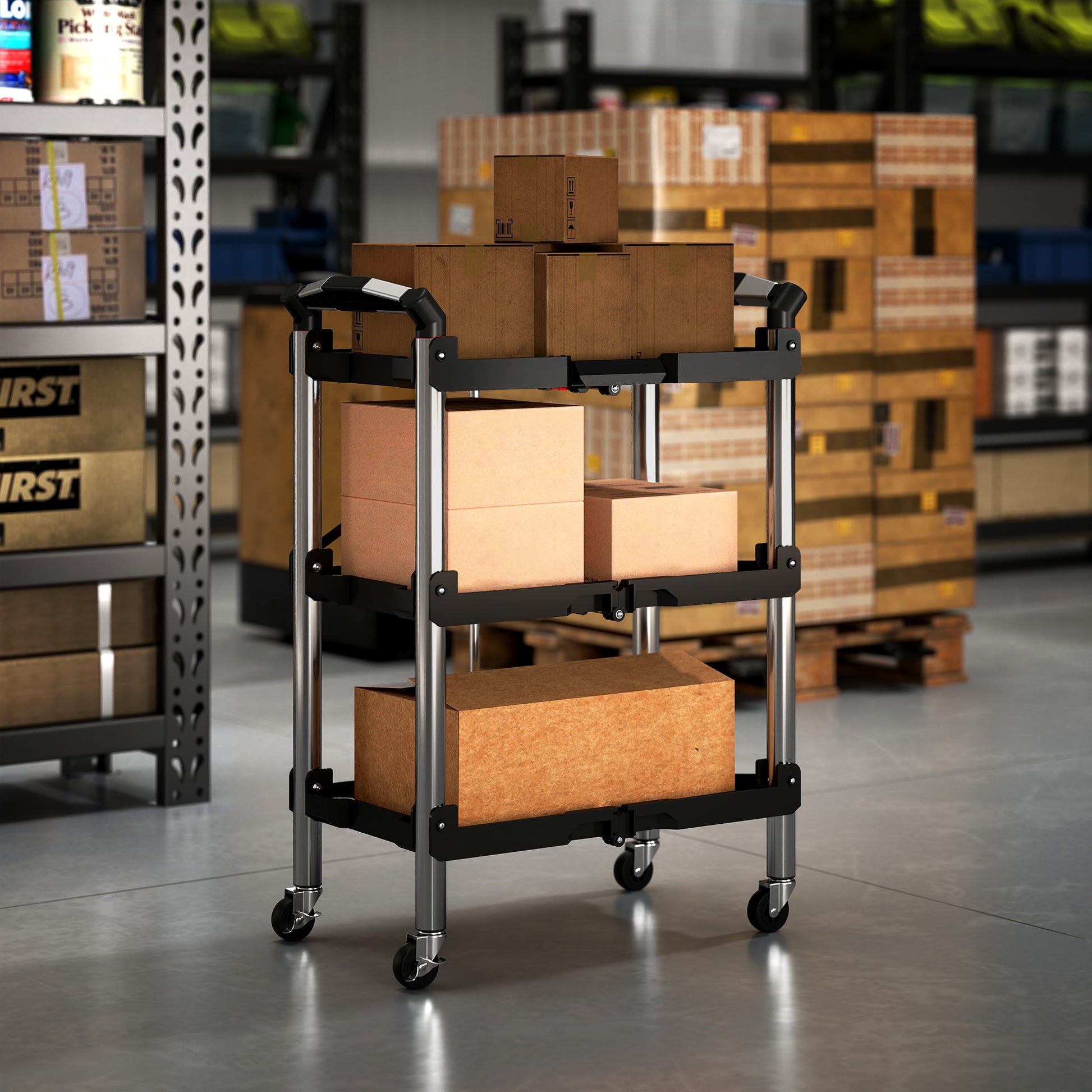 Workshop Trolley with 3 Shelves, Folding Tool Cart with Handle, Assembly Cart for Warehouse, Garage, up to 68 kg Load Capacity, Black