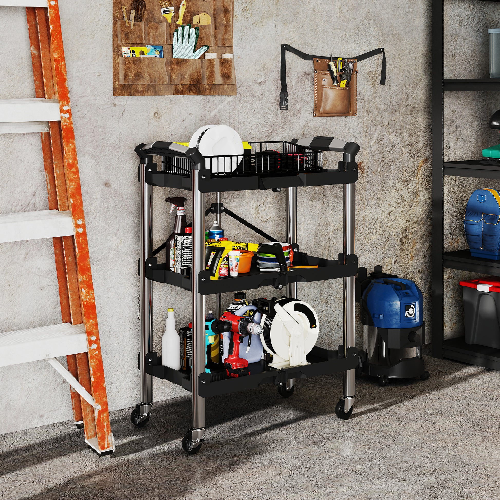 Workshop Trolley with 3 Shelves, Folding Tool Cart with Handle, Assembly Cart for Warehouse, Garage, up to 68 kg Load Capacity, Black