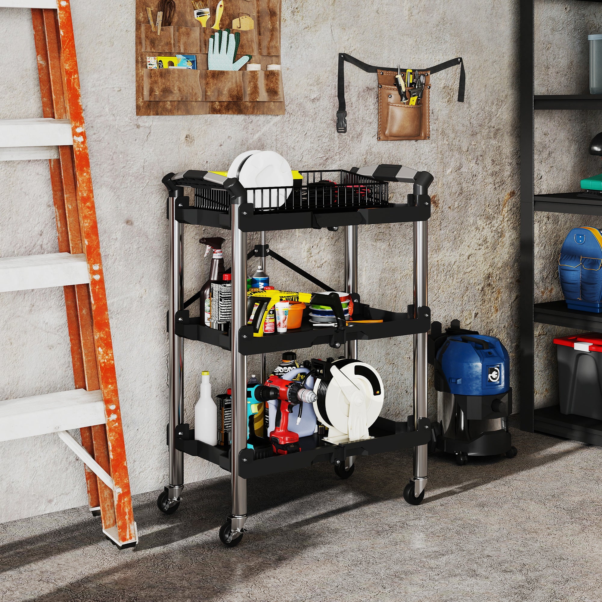 Workshop Trolley with 3 Shelves, Folding Tool Cart with Handle, Assembly Cart for Warehouse, Garage, up to 68 kg Load Capacity, Black