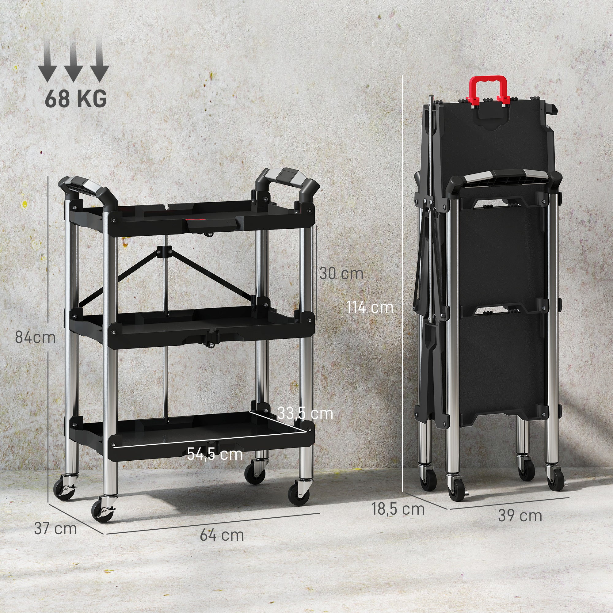 Workshop Trolley with 3 Shelves, Folding Tool Cart with Handle, Assembly Cart for Warehouse, Garage, up to 68 kg Load Capacity, Black