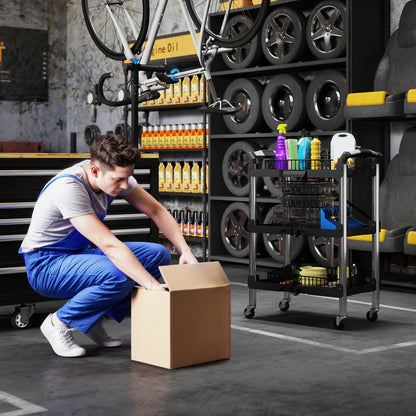 Workshop Trolley with 3 Shelves, Folding Tool Cart with Handle, Assembly Cart for Warehouse, Garage, up to 68 kg Load Capacity, Black