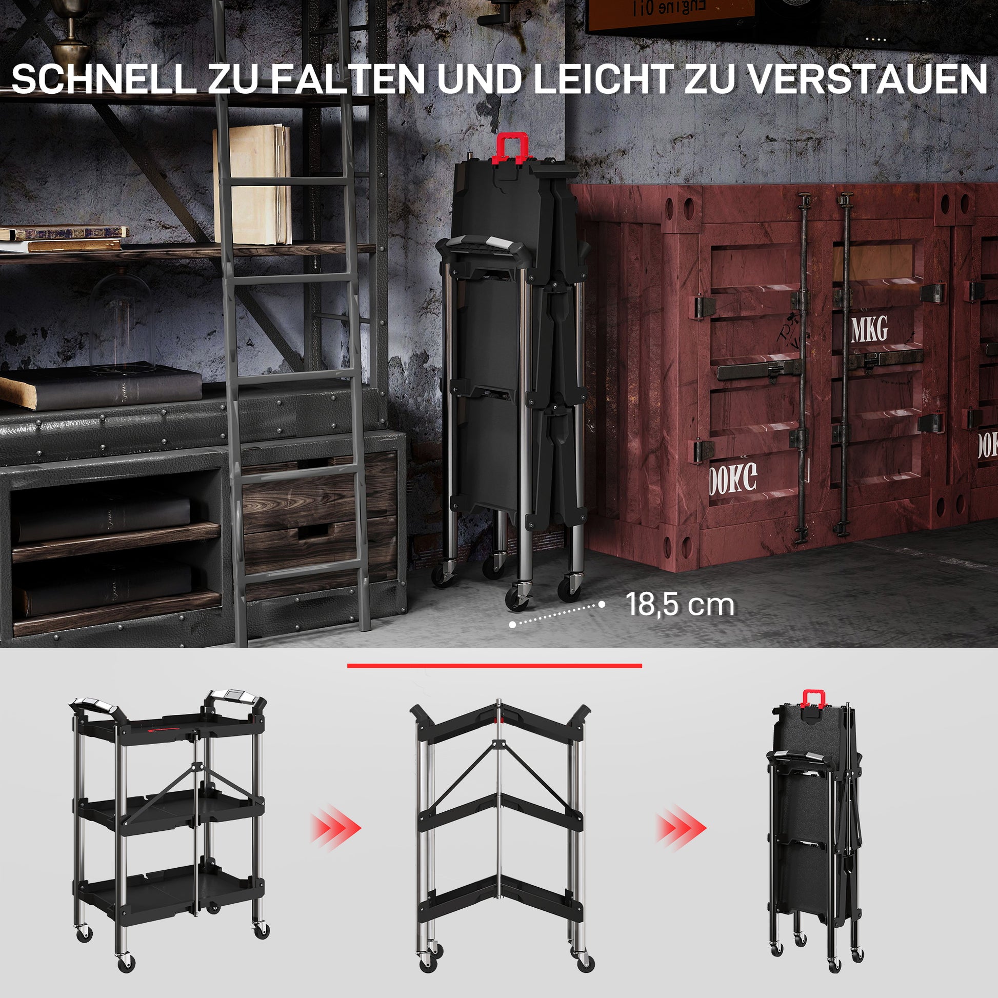 Workshop Trolley with 3 Shelves, Folding Tool Cart with Handle, Assembly Cart for Warehouse, Garage, up to 68 kg Load Capacity, Black
