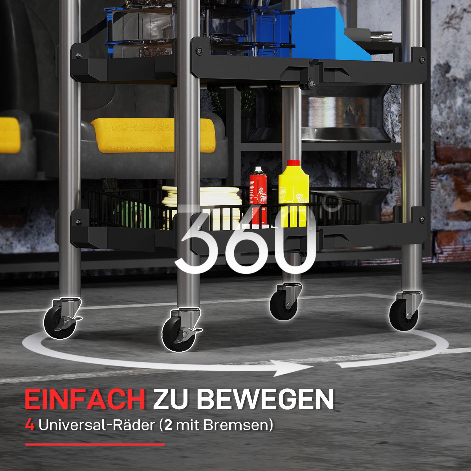 Workshop Trolley with 3 Shelves, Folding Tool Cart with Handle, Assembly Cart for Warehouse, Garage, up to 68 kg Load Capacity, Black