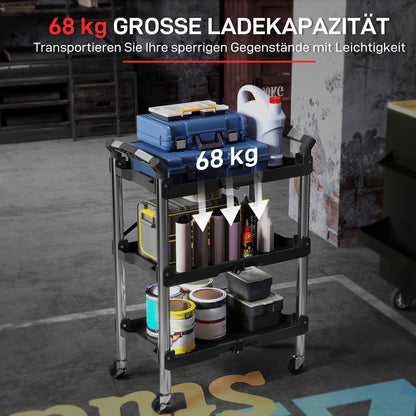 Workshop Trolley with 3 Shelves, Folding Tool Cart with Handle, Assembly Cart for Warehouse, Garage, up to 68 kg Load Capacity, Black