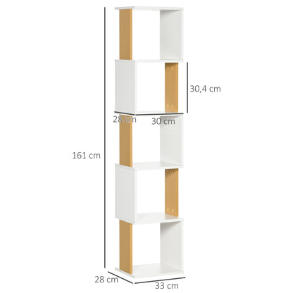 S-Shaped Bookcase Bookshelf with 5 Open Shelves for Living Room Office Study Anti-Tip 100kg Load 33x28x161 cm White