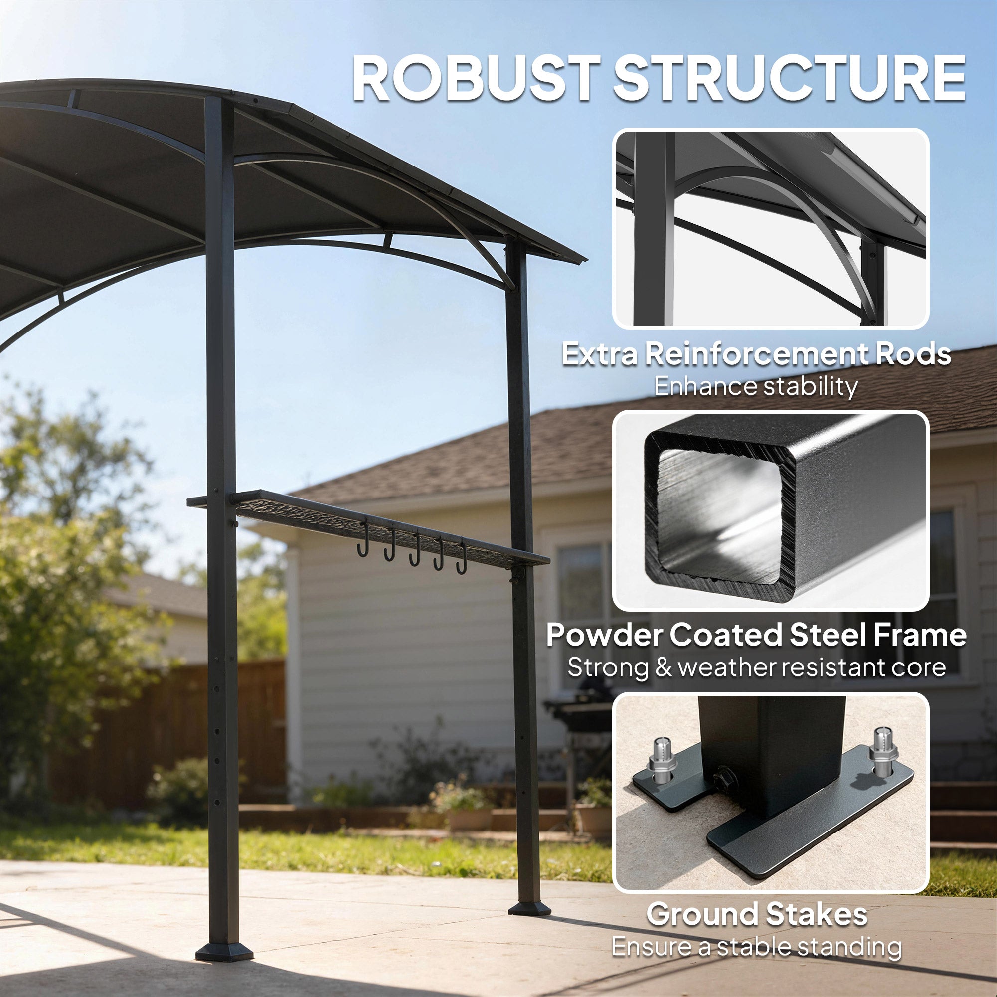 BBQ Shelter Gazebo 245 x 152 x 218 cm Steel with Side Shelves & Hooks — Outdoor Barbecue Canopy for Patio, Garden, Yard, Dark Gray
