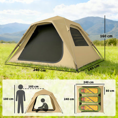 Instant Pop-Up Tent with Mesh Windows & Carry Bag, 3000 mm Waterproof, UPF50+ – 3–4 Person, Khaki