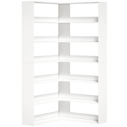 7-Tier L-Shaped Corner Bookcase, White Wood-Effect, Non-Slip 2.8 in Back Lip, 35.4 x 35.4 x 70.9 in