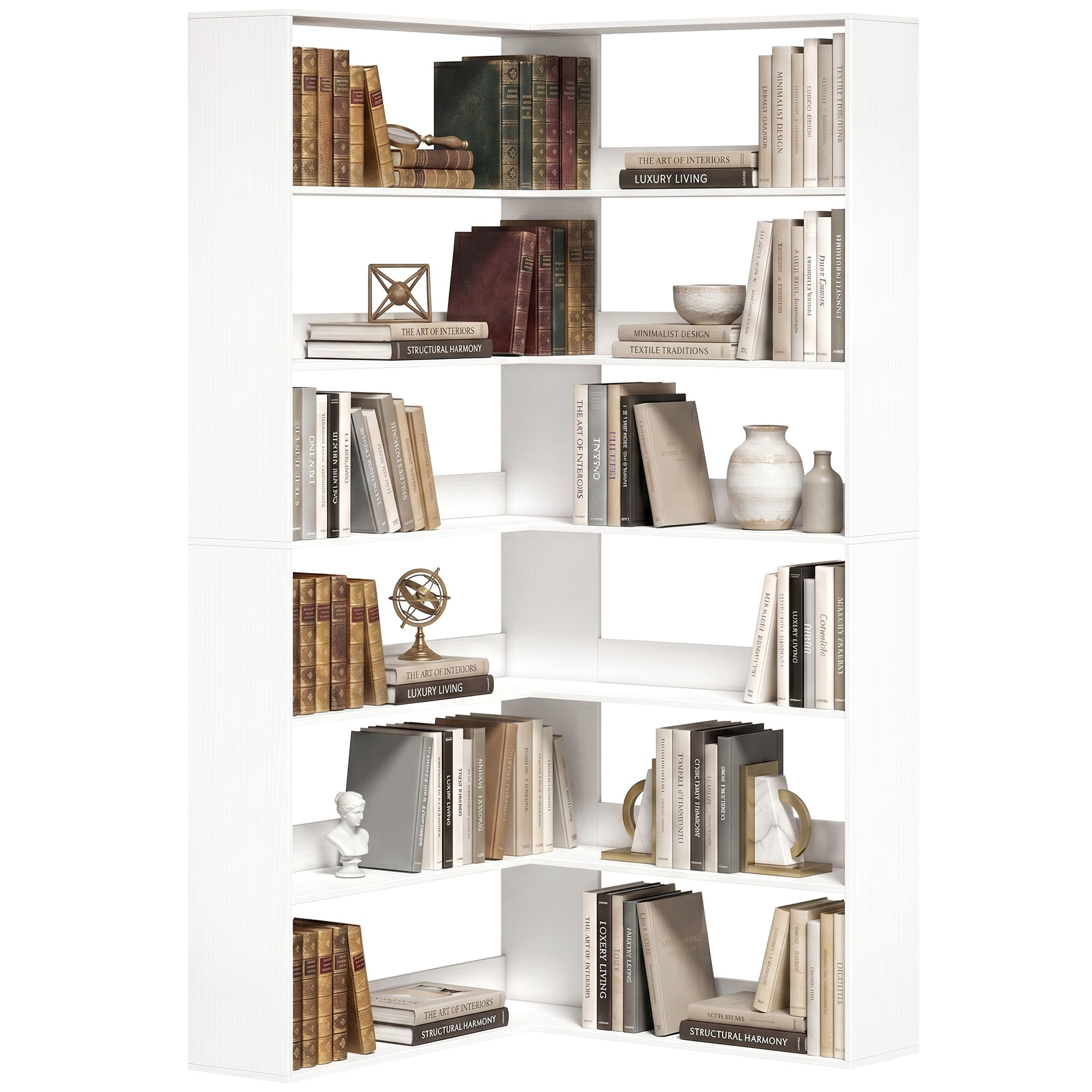 7-Tier L-Shaped Corner Bookcase, White Wood-Effect, Non-Slip 2.8 in Back Lip, 35.4 x 35.4 x 70.9 in
