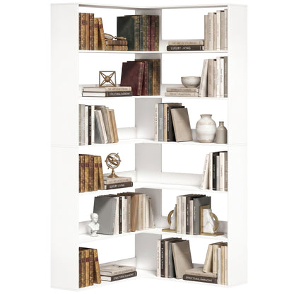 7-Tier L-Shaped Corner Bookcase, White Wood-Effect, Non-Slip 2.8 in Back Lip, 35.4 x 35.4 x 70.9 in