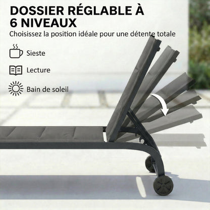 Aluminum Sun Lounger, 6-Position Adjustable Backrest with Wheels, 560 g/m² Textilene & Built-In Padding, Rust-Resistant Recliner for Patio, Pool, Garden, Beach — Dark Gray